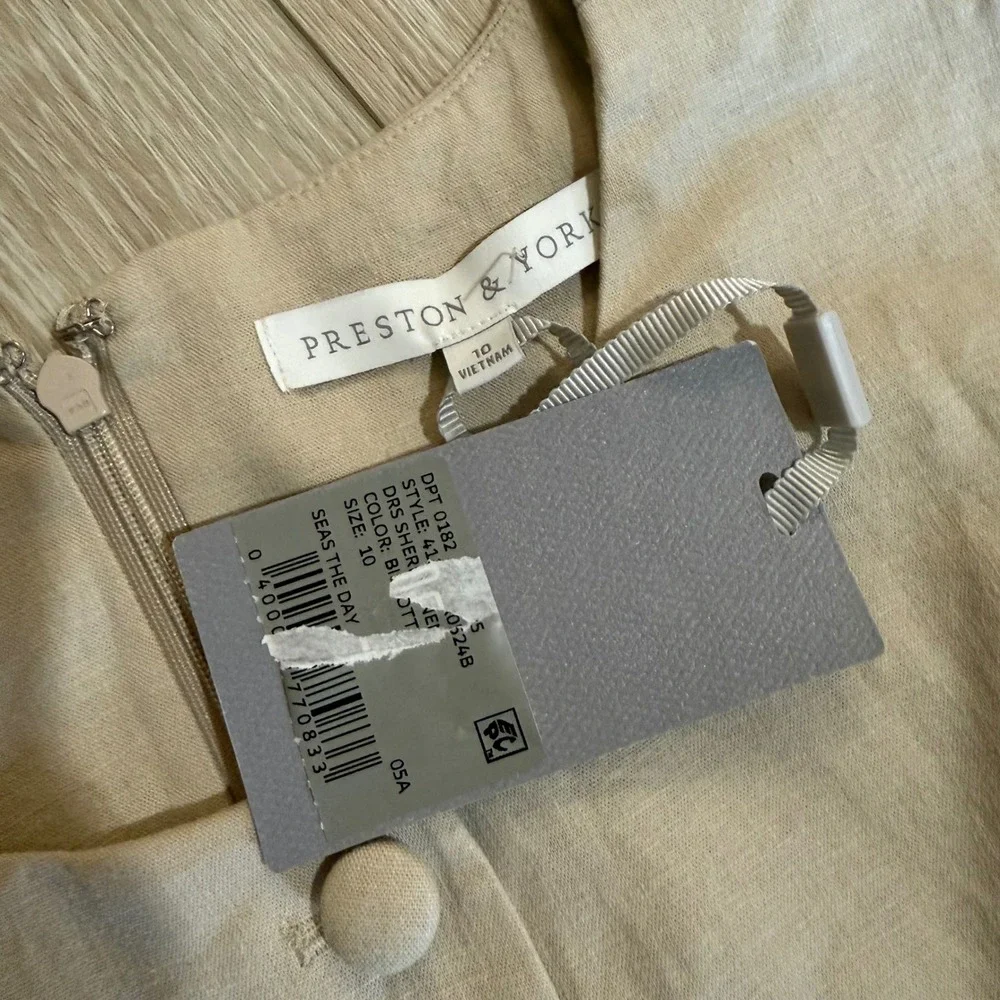 New Preston & York Linen Shift Dress Seas The Day Button Front Sleeveless tan 10 - Picture 2 of 5